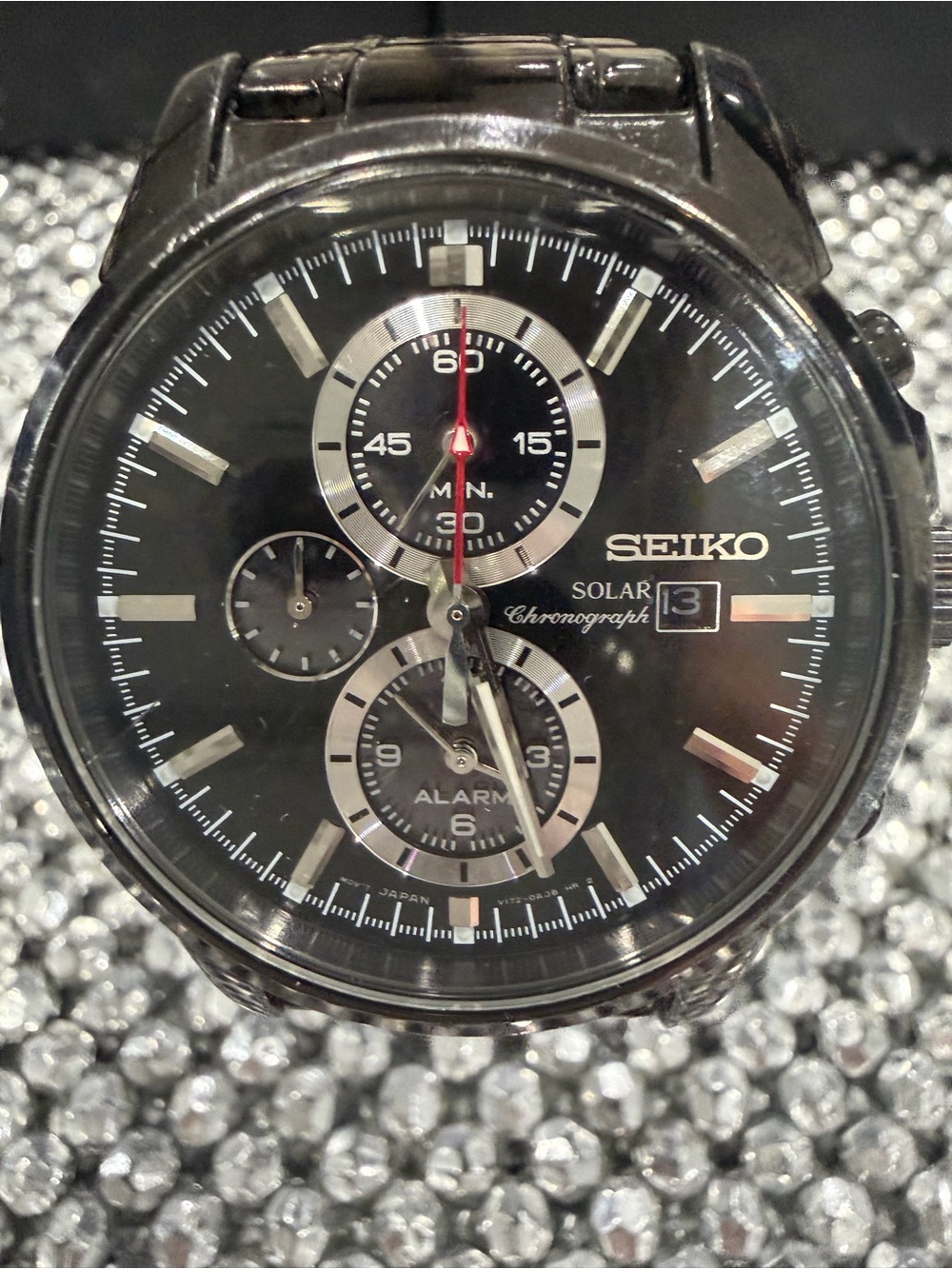 Seiko Black Dial Solar Chronograph Watch with Red Seconds Hand